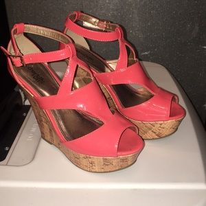 Coral Patent Leather wedges.